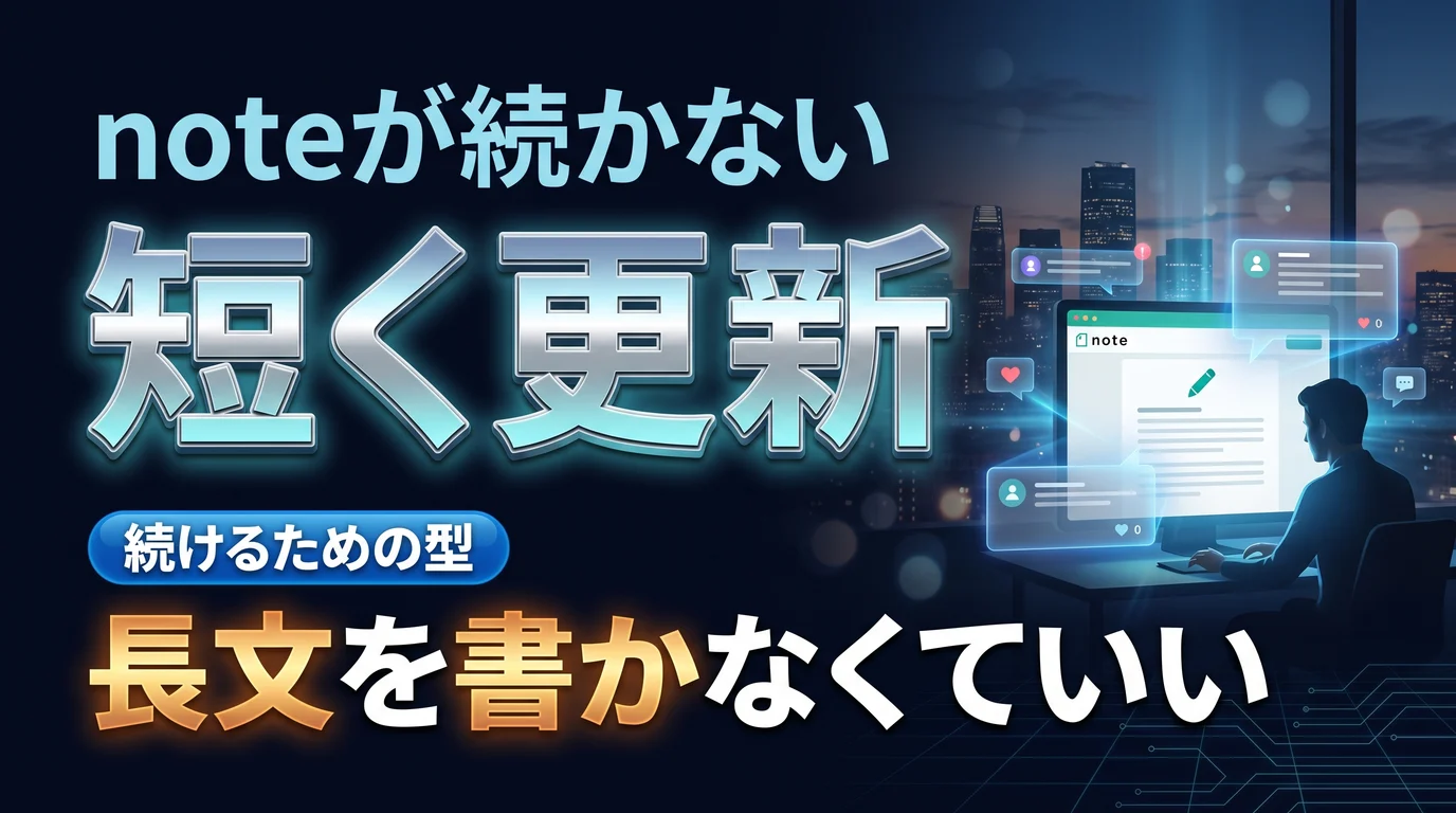 noteを長文なしで続ける型を表現したダーク基調のサムネイル画像