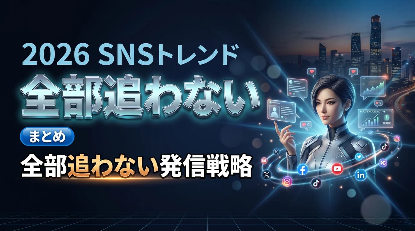 2026年のSNSトレンドを全部追わない発信戦略を表現したダーク基調のサムネイル画像