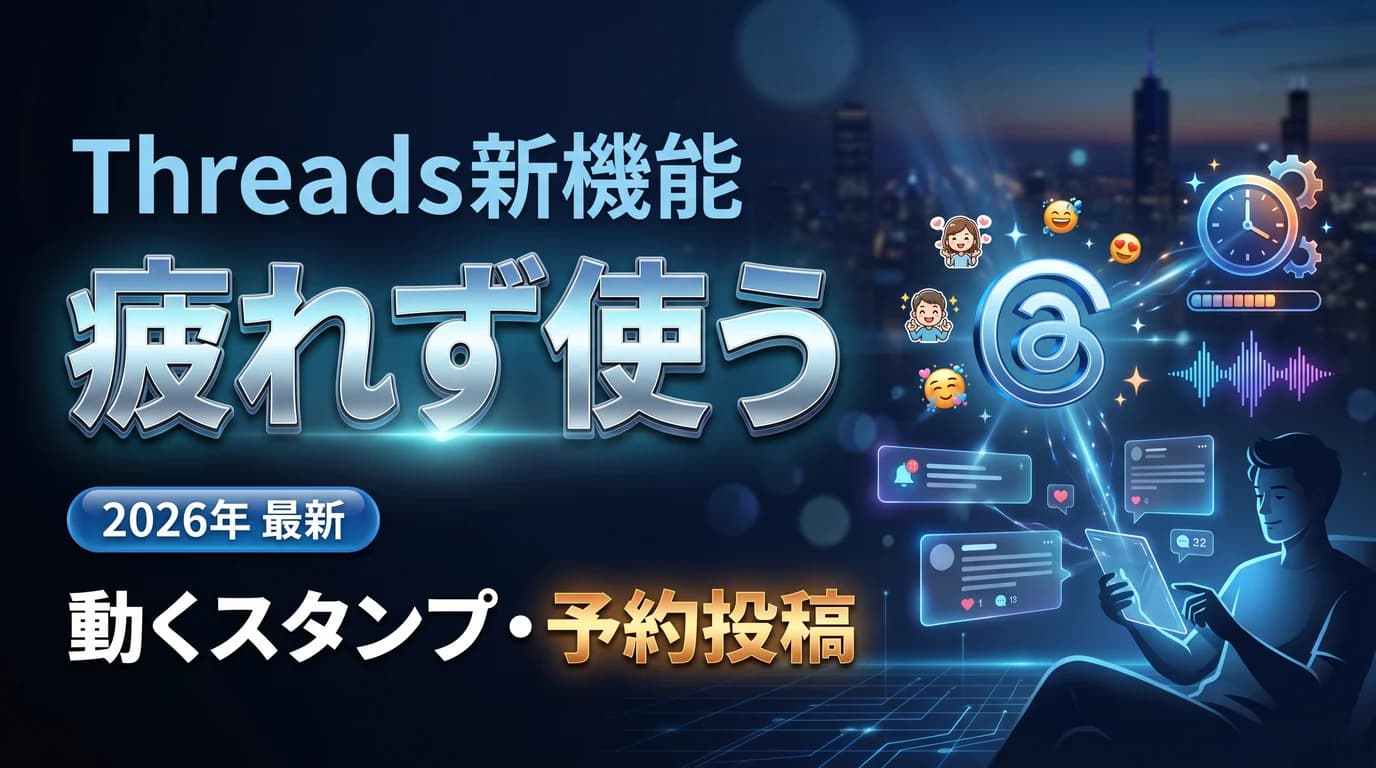 Threadsの2026年新機能を疲れず使う方法を表現したダーク基調のサムネイル画像