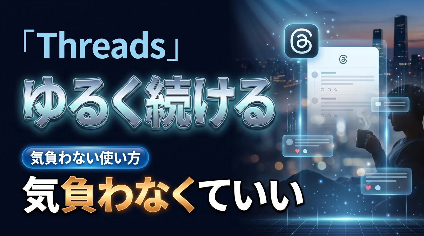 Threadsをゆるく続ける気負わない使い方を表現したダーク基調のサムネイル画像