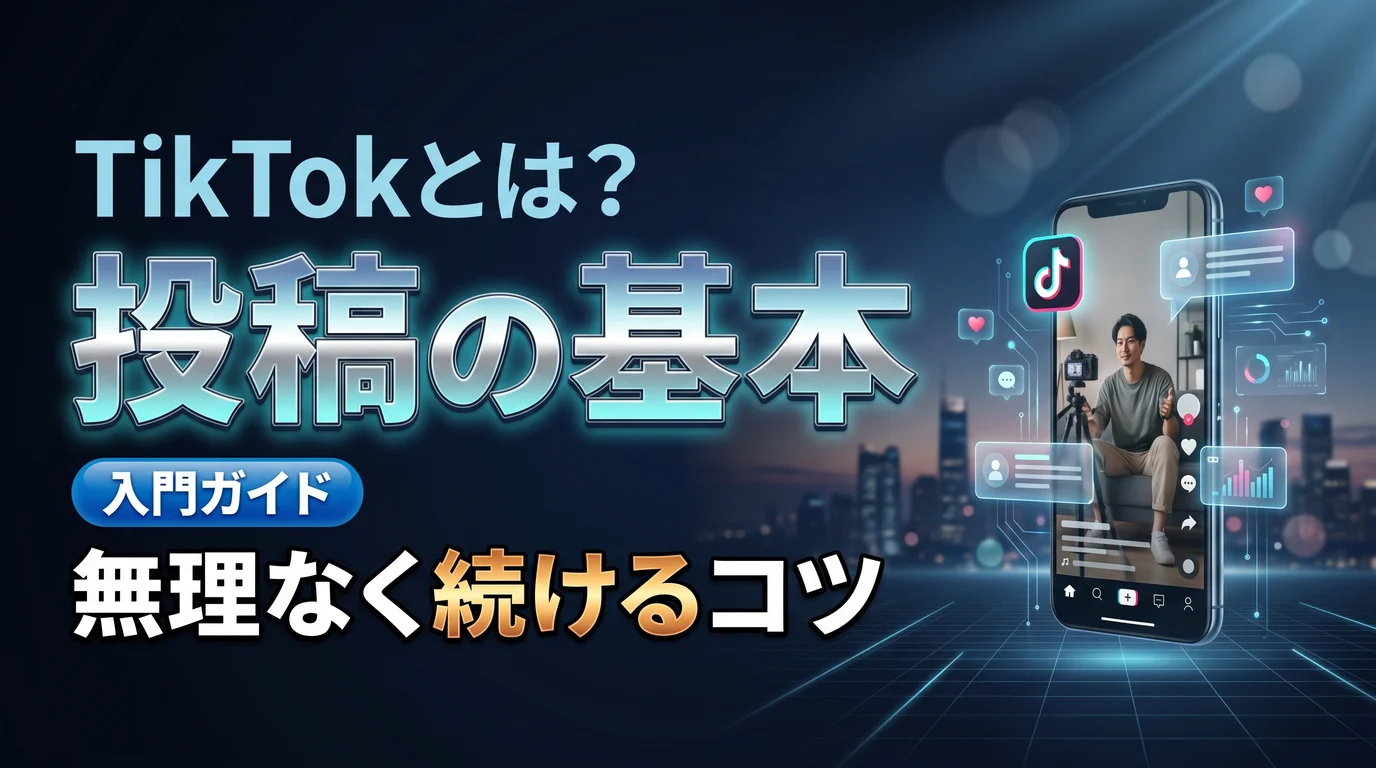 TikTokとは何かと投稿の基本を表現したダーク基調のサムネイル画像