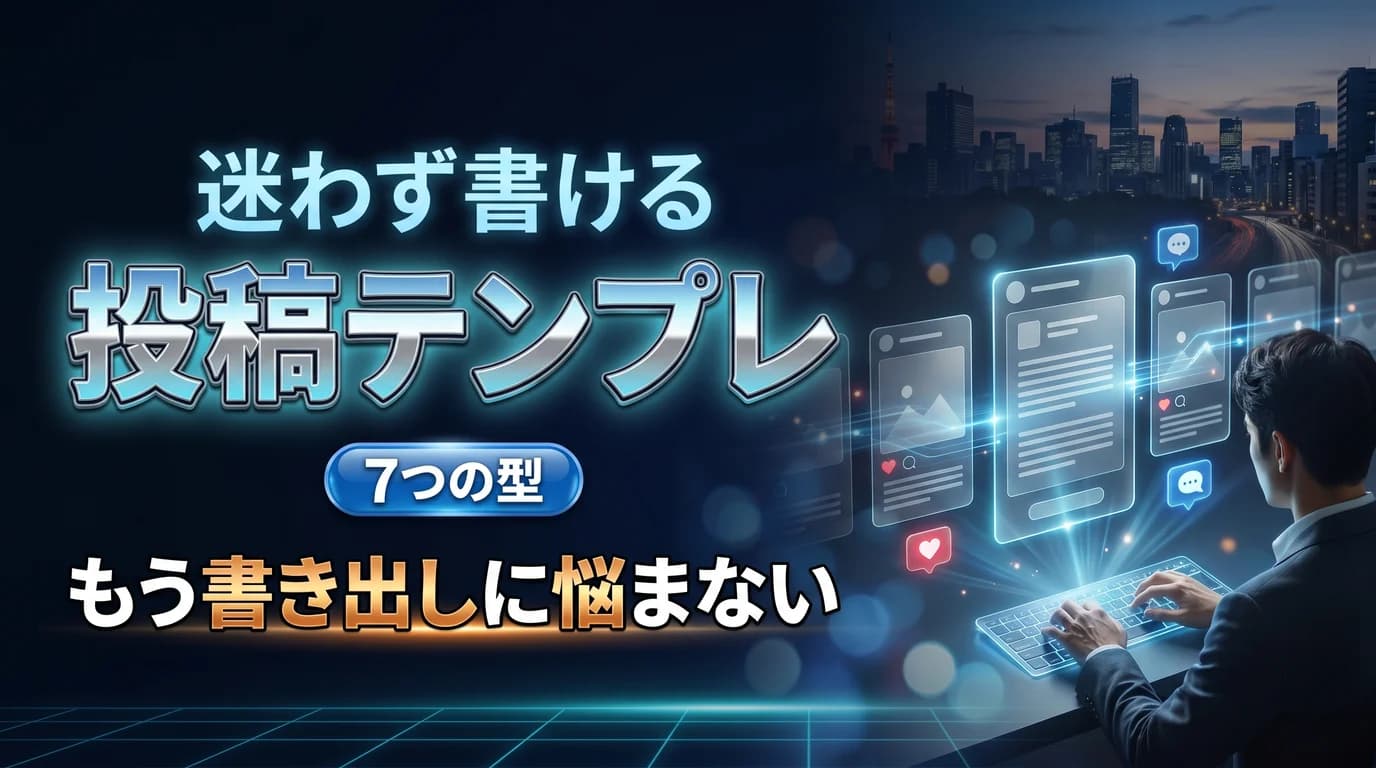 迷わず書けるSNS投稿テンプレート7つを表現したダーク基調のサムネイル画像