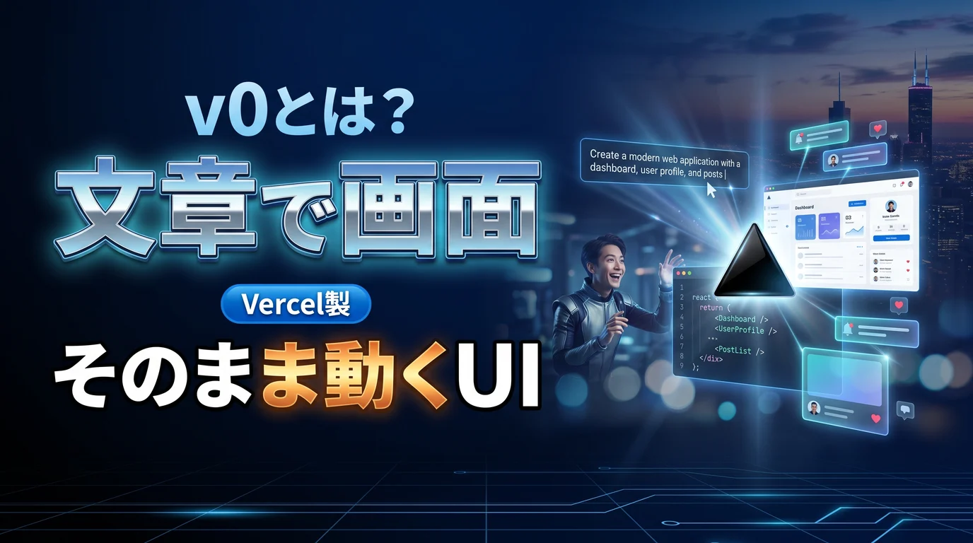 テキストから画面やアプリを作るVercelのAI v0の使い方と料金を表現したダーク基調のサムネイル画像