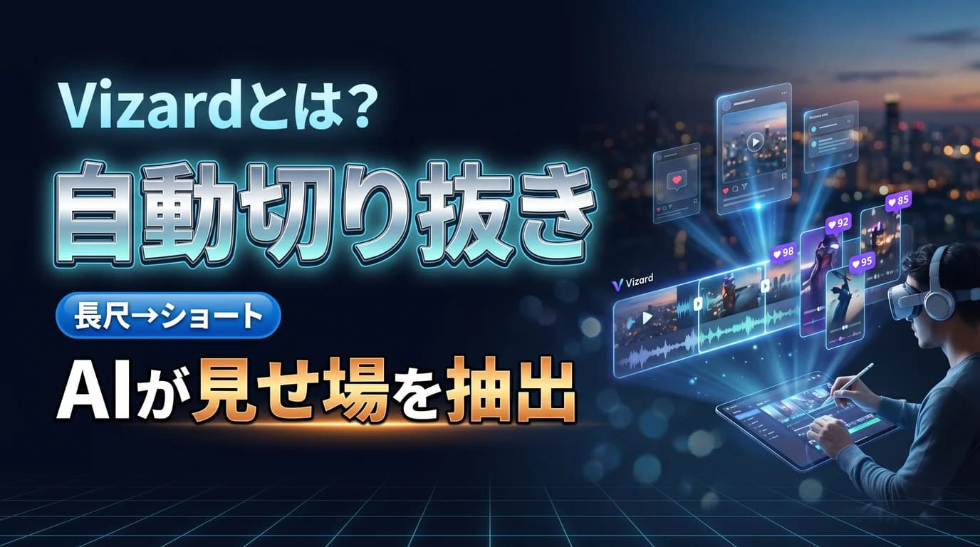 Vizardで長尺動画をショートに切り抜く使い方と料金を表現したダーク基調のサムネイル画像
