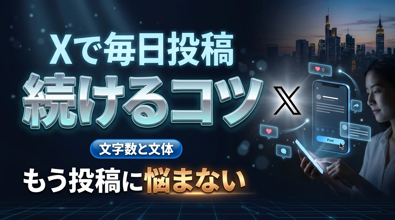 Xで毎日投稿を続けるコツを表現したダーク基調のサムネイル画像