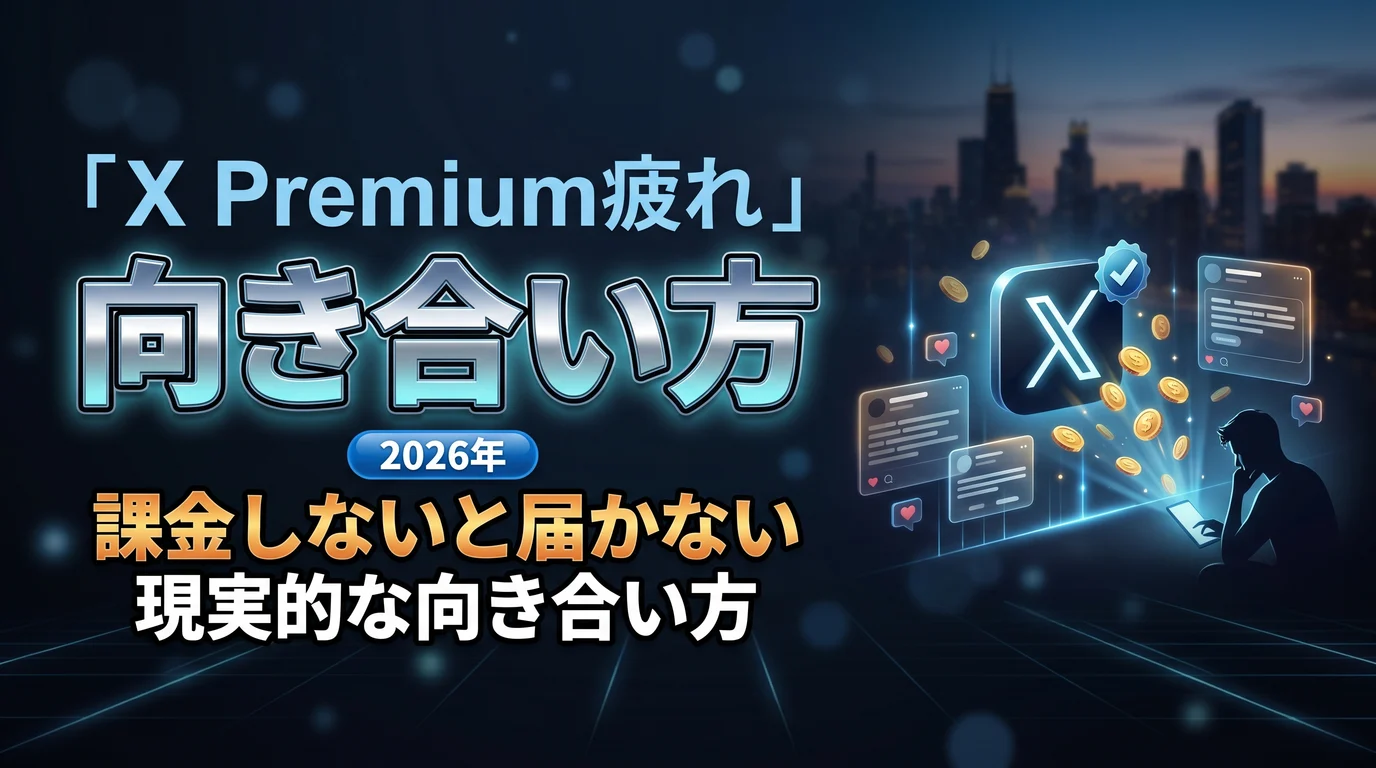 X Premiumの課金疲れへの現実的な向き合い方を表現したダーク基調のサムネイル画像
